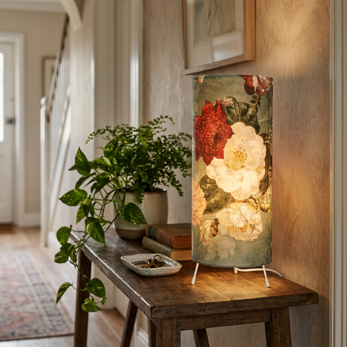 A decorative table lamp with a vintage-style floral print in red, cream, and green, illuminated and standing on a rustic wooden table in a warm, styled interior hallway.