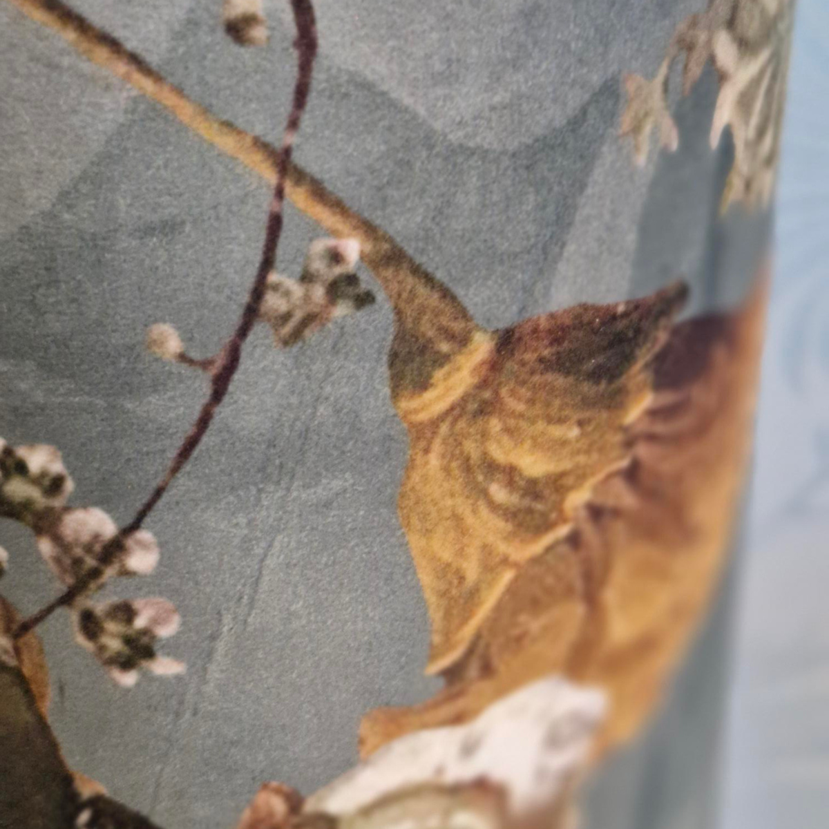 Close up of botanical velvet lampshade fabric