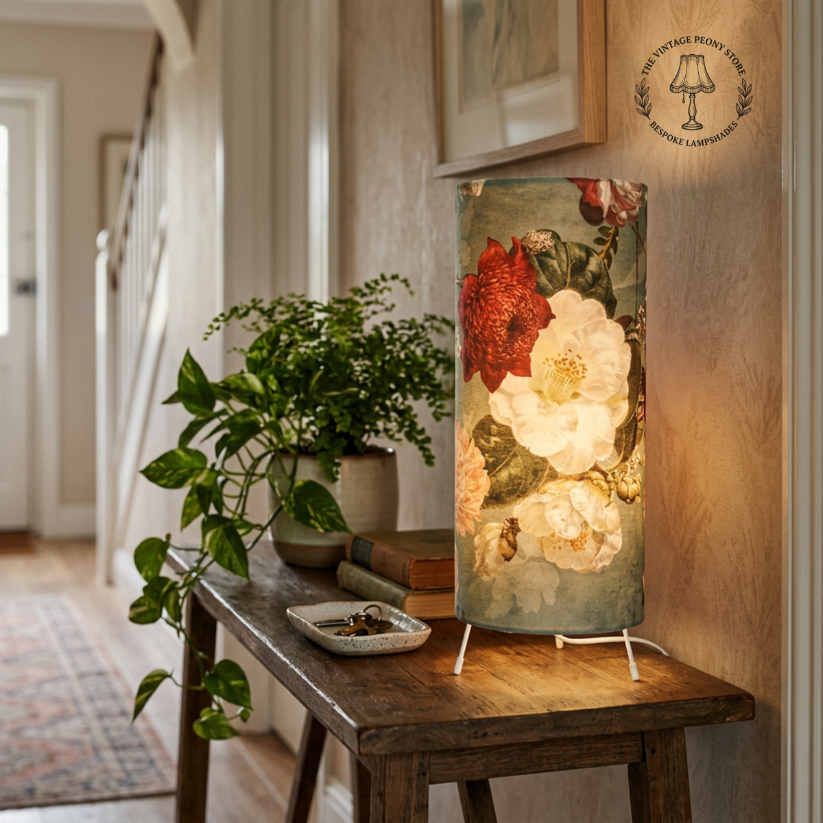 A decorative table lamp with a vintage-style floral print in red, cream, and green, illuminated and standing on a rustic wooden table in a warm, styled interior hallway.