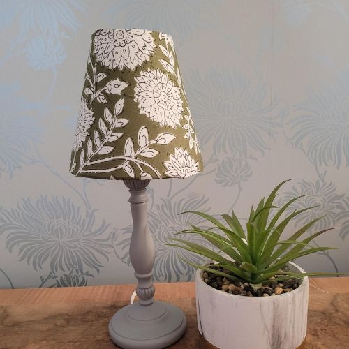Handmade 6-inch block print candle clip lampshade in cotton with white lining.  Indian block print with green background and white flowers.